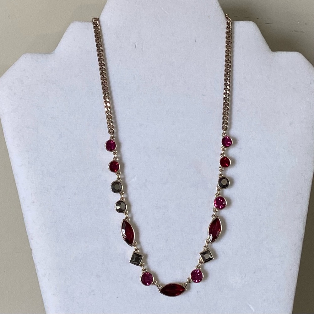DKNY women pink red grey crystal gold plated necklace.Great used condition.